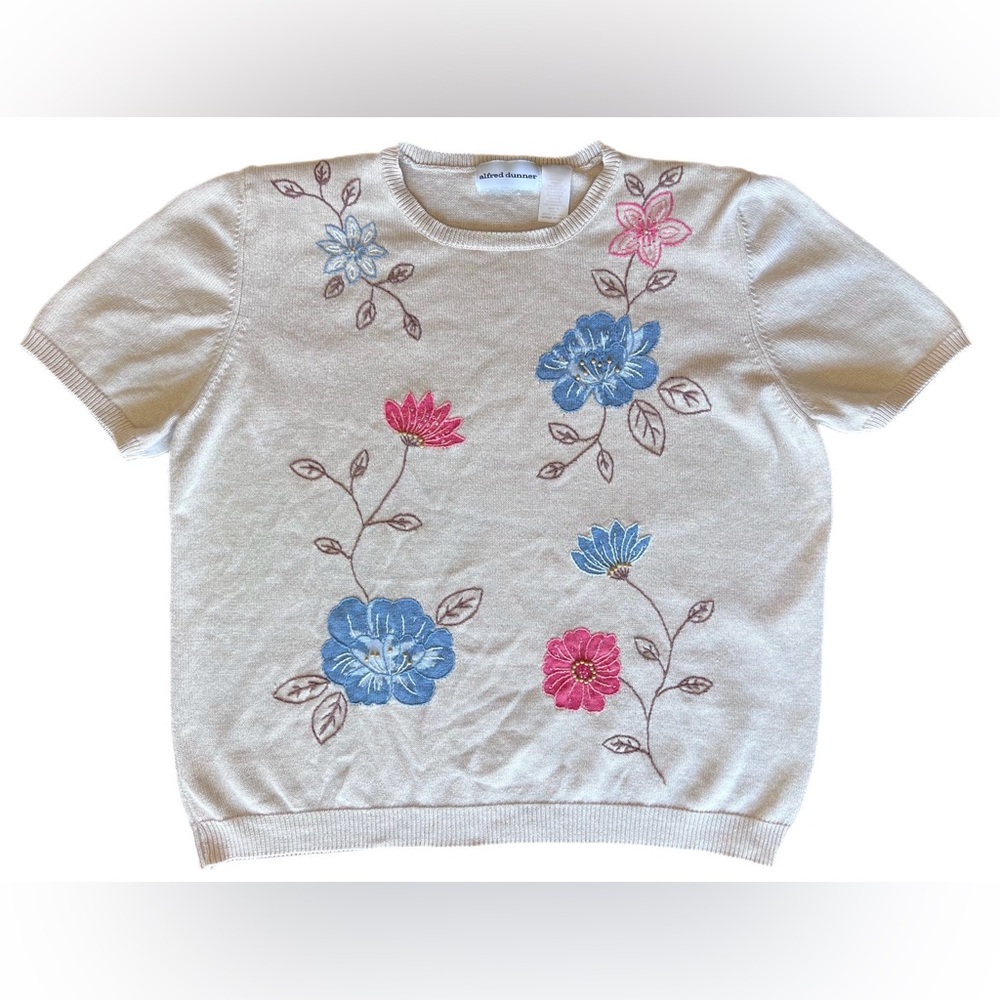 Alfred Dunner Women’s Beige Embroidered Floral Short Sleeve Sweater Top Size L